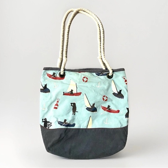 Hatley Nautical Beach Tote Sailing Dogs Rope Handles 100% Cotton Boats Sailor - Picture 3 of 10